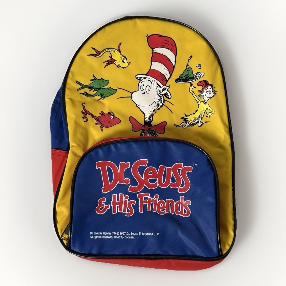 Vintage 1997 Dr Seuss and His Friends Cat in the Hat Backpack‎ Yellow Blue Red